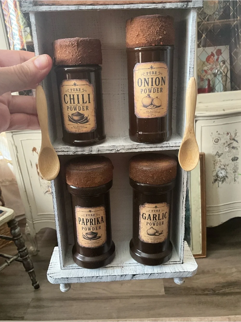 HANDCRAFTED Rustic White Wooden Spice Rack with Brown Glass Jars - Home Kitchen